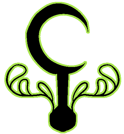  A black sickle with vines growing from it and a bright green outline.